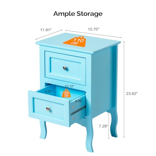Bonnlo Nightstand Set of 2, Nightstands with 2 Drawers, Blue Nightstand, Bed Side Table/Night Stand, Small Nightstands for Bedroom, Small Spaces, College Dorm, Kids’ Room,Living Room, Wood,16W*12D*24H - color: Blue