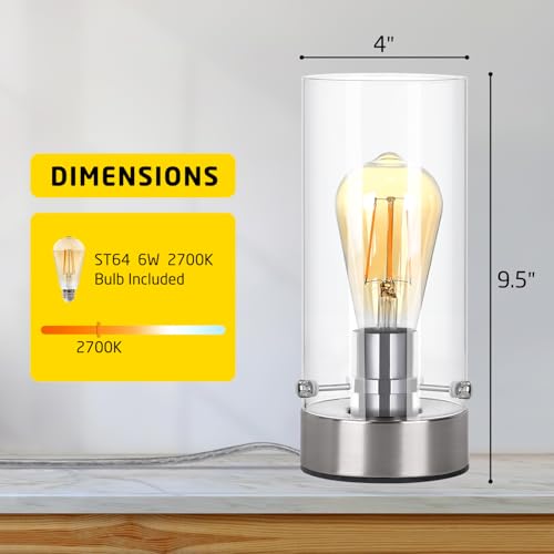 Bedside Table Lamp for Bedroom Living Room, Modern Nightstand Lamp | Desk Lamp with Glass Lamp Shape, 2700K 6W Glass Bulb Included(Nickel). - color: Nickel-Clear