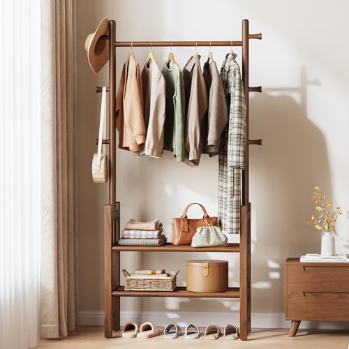 Yoobure Solid Wood Clothing Rack with Shelves - Coat Rack Freestanding with 6 Hooks, 3-in-1 Hall Tree for Hanging Clothes, Tall Garment Racks with Storage for Bedroom, Entryway, Living Room, Closet - color: Walnut