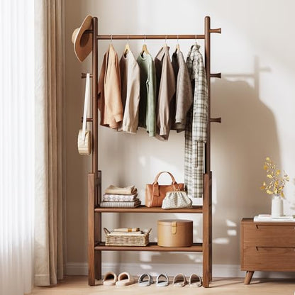 Yoobure Solid Wood Clothing Rack with Shelves - Coat Rack Freestanding with 6 Hooks, 3-in-1 Hall Tree for Hanging Clothes, Tall Garment Racks with Storage for Bedroom, Entryway, Living Room, Closet - color: Walnut
