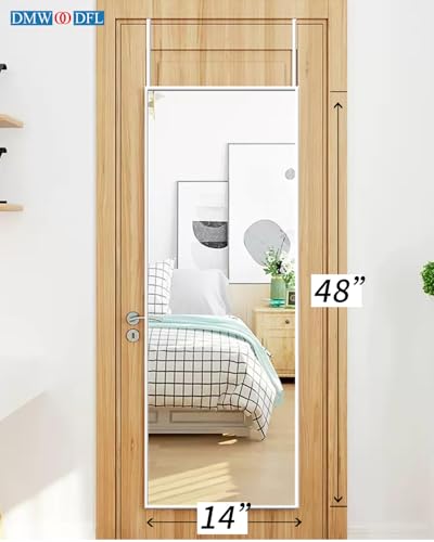 DMWOODFL 48"x14" Over-The-Door Full Length Mirror - No Drill Hanging with Metal Hooks, Shatterproof Glass & Aluminum Frame for Bathroom, Bedroom, Entryway Decor（Silver White） - color: Silver White