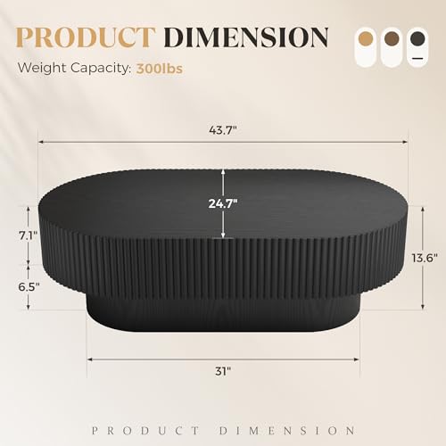 YOUDENOVA 43.7” Oval Coffee Table, Modern Wood Fluted Coffee Table for Living Room, Veneer Handcrafted Relief Center Table with Sturdy Pedestal，Easy Assembly - Black - color: 43.7" Black-oval