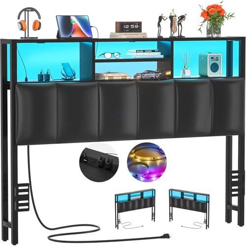 Aheaplus Headboard for Full Size Bed with Storage, Upholstered Headboards with Outlets, USB Ports and LED Light, Reversible Full Size Head Board, Height Adjustable, Comfortable Headboard, Black - color: Black, size: Full, style: Upholstered