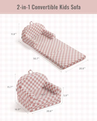 Blissful Diary Kids Couch, 2-in-1 Soft Kids Sofa, Kids Sofa Chair, Comfy Kids Furniture for Playroom, Reading & Play, Checkered Blush - color: Checkered Blush