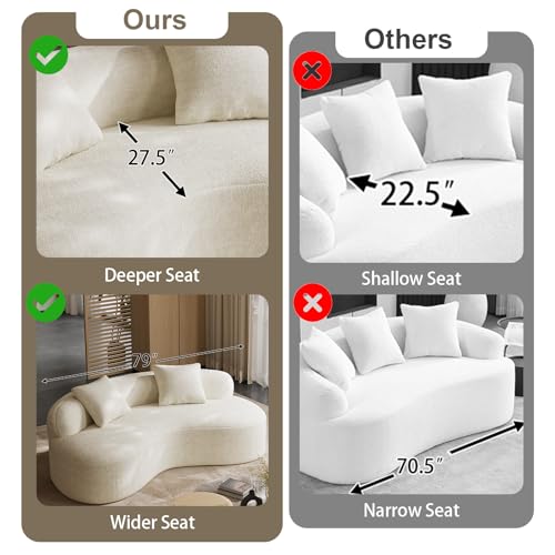 79" Curved Loveseat, Boneless Deep Seat Boucle Cloud Sofa, Cream White | Curved boneless design, deep plush seating, soft boucle upholstery and 2 pillows deliver cloud-like comfort for living rooms. - color: Ceam White