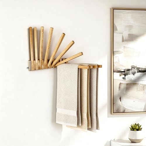 Beech Wood Wall Mounted Drying Rack for Laundry Room with 10 Mount Folding Coat Hooks Racks Drying Hanger for Bathroom Hat Towels Robes Rack Saving Space (Wood Color)