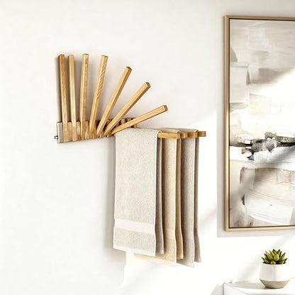 Beech Wood Wall Mounted Drying Rack for Laundry Room with 10 Mount Folding Coat Hooks Racks Drying Hanger for Bathroom Hat Towels Robes Rack Saving Space (Wood Color)