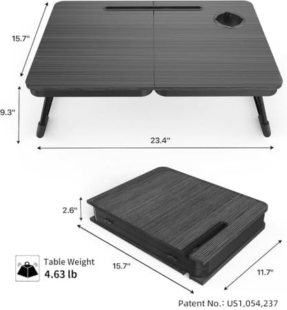 BUYIFY 23.4" Foldable Lap Desk Bed Table with Cup Holder Tray Black | Portable Folds Flat for Easy Storage, No Assembly Laptop Bed Desk, Sturdy and Lightweight, Patent Design - color: Black