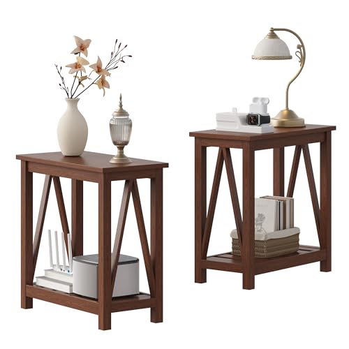 ChooChoo Farmhouse End Table, Narrow Side Table with Shelf | Slim Bedside Table ,Small Spaces, Rustic Nightstand, Living Room, Bedroom,Walnut - color: Walnut, size: 2 Pack