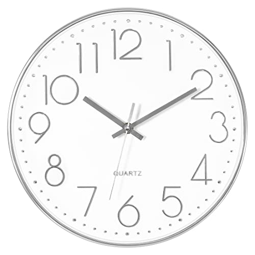 Foxtop Large 14" Wall Clock Silent Battery Operated Clock, Silver | Non-Ticking, Round, Analog Clock, Quartz, Easy to Read, Living Room, Bedroom, Kitchen, Office - color: Silver, size: 14 Inch Quartz