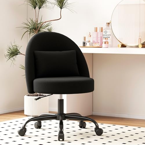 Misolant Vanity Chair with Back, Armless Cute Office Chair with Wheels for Girls, Teddy Fleece Fabric Small Desk Chairs with Adjustable Height, Lumbar Support Pillow, 360°Swivel for Makeup Room, Black - color: Black