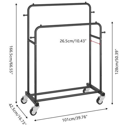 Laiensia Double Rods Garment Rack with Wheels, Clothing Rack for Hanging Clothes,4 Hooks, Multi-functional Bedroom Clothes Rack, Black - color: Black