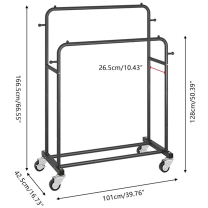 Laiensia Double Rods Garment Rack with Wheels, Clothing Rack for Hanging Clothes,4 Hooks, Multi-functional Bedroom Clothes Rack, Black - color: Black