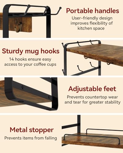 IBUYKE Kitchen Mug Cup Holder,2 Tier Coffee Bar Organizer,Brown TBJ006H | Coffee Bar Station Countertop Organizer Coffee Mug Stand with 18 Hooks,Multifunctional Mug Tree for Home Kitchen Office - color: Rustic Brown
