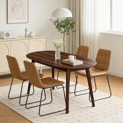 63" Oval Dining Table Set for 4 with Solid Wood Legs | 5 Piece Walnut Dining Table Set for Kitchen and Dining Room Furniture, 4 Brown Dining Chairs, Mid Century Modern - color: Walnut Table C-brown Chairs