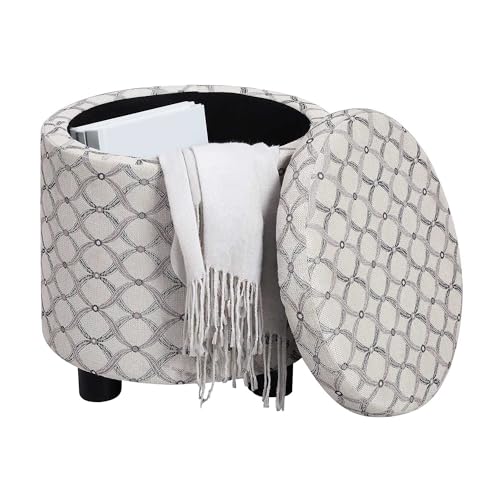 Convenience Concepts Designs4Comfort Accent Storage Ottoman 15.75" - Round Modern Upholstered Foot Stool with Tray Lid for Living Room, Family Room Storage Ottoman Seat, Ribbon Pattern Fabric