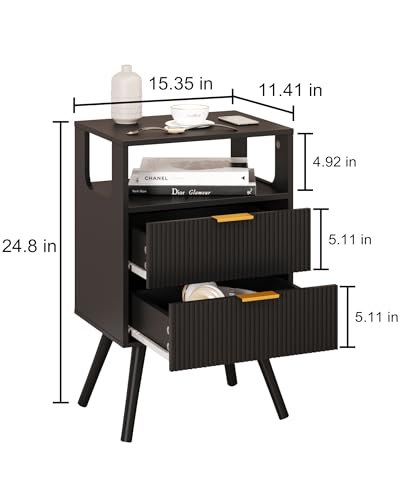 Leomonio Black Nightstand,Modern Bedside Table with 2 Storage Drawer and Open Wood Shelf, for Bedroom and Small Spaces,Night Stand with Solid Wood Legs - color: Black