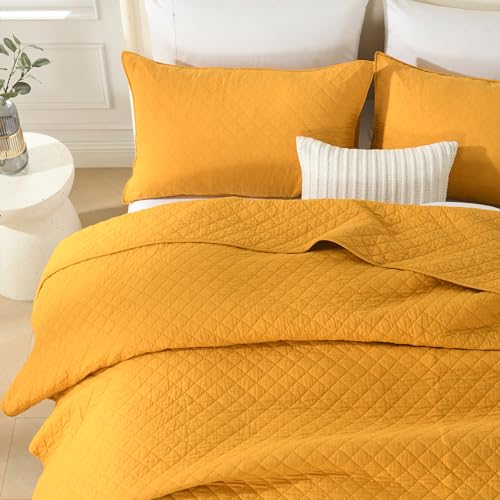 Wistown Cotton Queen Bedspread Quilt Bedding Set, Yellow | 3 Pieces Reversible Lightweight Soft Coverlets Comforters, All Seasons, Diamond Stitching Pattern - color: Yellow Diamond Pattern, size: Queen (90 by 98inch)