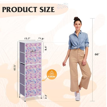 WLIVE Tall Dresser for Bedroom, 5 Drawer Dresser, Tie-Dye | 5 vertical fabric drawers, Tall vertical design, Bedroom or closet use, Dresser for small spaces, Chest of drawers - color: Tie-dye Purple Print
