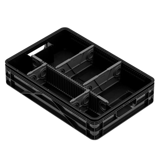 Quarter Crate 4-Pack Stackable Storage Bins, Black | Polypropylene, 14 dividers included, 19.16x12.75x4.57 in, over 1000 lb stack, lids sold separately - color: Black