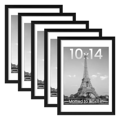 upsimples 10x14 Picture Frame Set of 5, Display Pictures 8.5x11 with Mat or 10x14 Without, Wall Gallery Poster Frames, Black - color: Black, size: 10x14