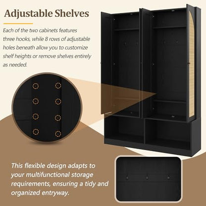 JIVOIT Bohemian Farmhouse Widen Hall Tree with 4 Rattan Doors, Versatile 4-In-1 Hall Tree, Mid-Century Entryway Shoe Cabinet with Adjustable Shelf and 6 Hooks, Seating Bench for Living Room - color: Black//53