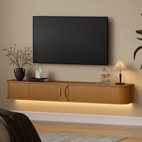 DHH 71" Floating TV Stand with Power Outlet for TVs up to 80", Mid Century Modern TV Console with RGB LED Lights, Fluted Entertainment Center with Sliding Door for Living Room, Bedroom(Yellow Walnut) - color: Yellow Walnut, size: 71 inch