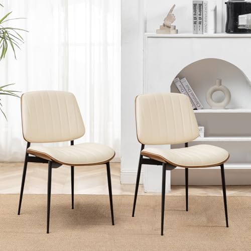 LUNLING Dining Room Chairs Set of 2 Mid Century Modern Retro Beige Faux Leather Chair with Walnut Bentwood Upholstered Seat Metal Legs Kitchen Chairs Adjustable Foot for Kitchen Dining Room - color: Beige, size: Set of 2