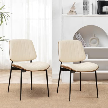 LUNLING Dining Room Chairs Set of 2 Mid Century Modern Retro Beige Faux Leather Chair with Walnut Bentwood Upholstered Seat Metal Legs Kitchen Chairs Adjustable Foot for Kitchen Dining Room - color: Beige, size: Set of 2