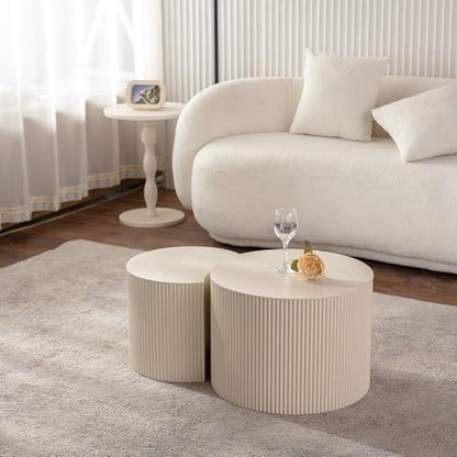 Nesting Coffee Table Set of 2, Round & Crescent Moon Wood Coffee Table and End Table Sets, Modern Luxury Accent Center Tea Table for Living Room Bedroom, （Beige + Cream, 18.9" & 14.96" - color: 18.9" & 14.96"-beige