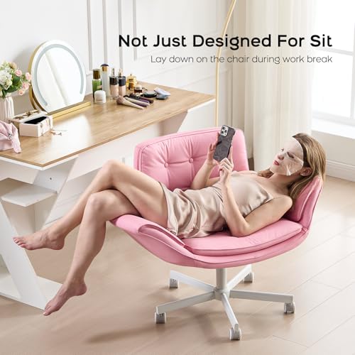 amseatec Criss Cross Office Chair, Swivel Makeup Vanity Chair with Wheels | Wide PU seat supports cross-legged, fidget-friendly sitting; 5-level armrests create pet space; wipe-clean finish eases care - color: Pink