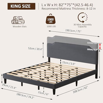 King Size Bed Frame with Upholstered Headboard, Platform Bed with Soft Linen Adjustable Headboard | Classic Elegant Studded Design | Wood Slats | No Box Spring Needed, King Bed Frame Dark Grey - color: Dark Grey, size: King (U.S. Standard)