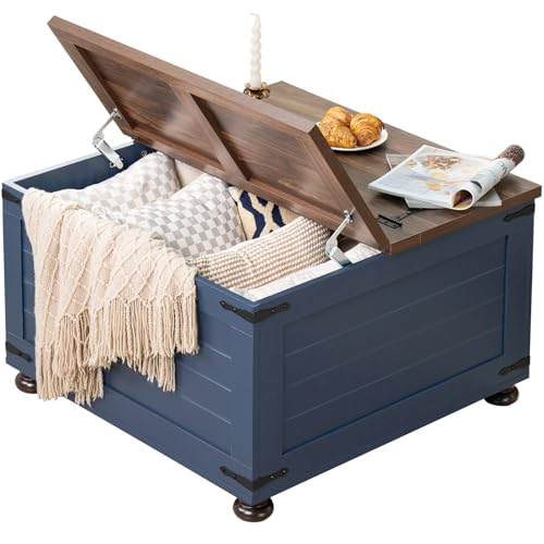 Joaxswe Farmhouse Coffee Table with Hidden Storage, 59 Gallon Square Center Table for Living Room, Rustic Wood Cocktail Tables with Flip-Top Lids, Farm House Tables with Wooden Gourd Feet, Navy Blue - color: Blue, style: With Round Legs
