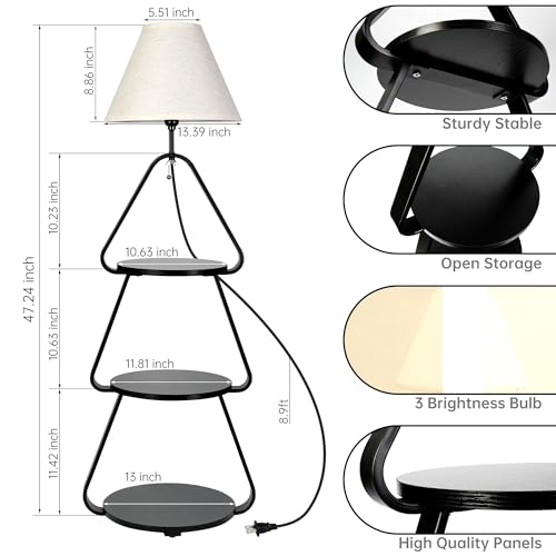 Qupui Floor Lamp with Small Round Side Table, 3-Tier Circular End Table with Storage Shelf, Round Corner Coffee Desk Nightstand for Living Room Bedroom Small Spaces, Black - color: 3-Tier Black