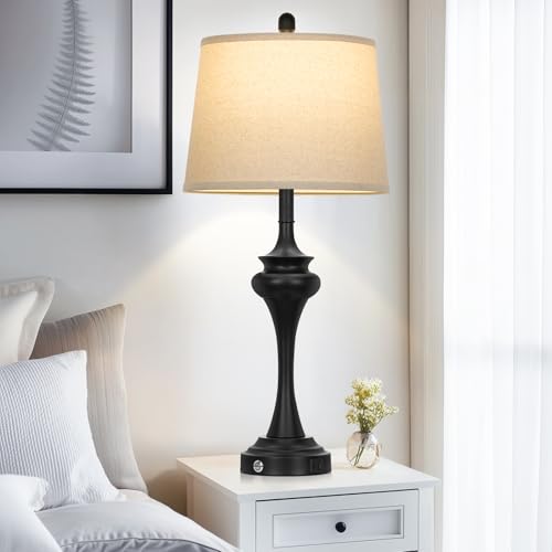 Rinweey 30 Inch Black Table Lamp Single, 3-Way Touch Control Bedside Lamp with USB A+C Ports, Modern Bedroom Lamps for Nightstand, Metal Living Room Lamps for Side Table Desk Office, Bulb Included - color: Black-30"H-1PK
