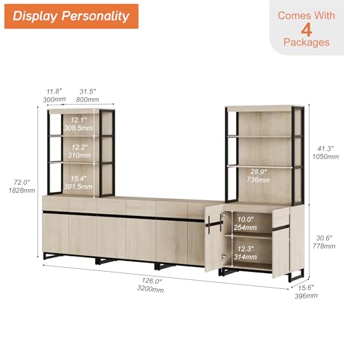 WAMPAT Modern Wall Unit TV Stand with 3 Tiers Bookshelf, Farmhouse Entertainment Center with 4 Storage Cabinets and Adjustable Shelf, Media Console with Black Metal Leg for Living Room, Beige - color: Beige-a