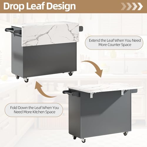 4 EVER WINNER 43" Kitchen Island with Drop Leaf, Rolling Kitchen Island | Modern Design, 4 Wheels, 3 Storage Drawers, Adjustable Shelf, Spice Rack & Towel Rack, Faux Marble Tabletop, Grey - style: Gray