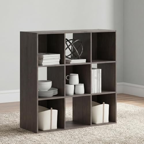 Signature Design by Ashley Piperton Nine Cube Organizer, Contemporary 3x3 Cubby Shelf, Dark Charcoal Finish, Engineered Wood Bookshelf for Bedroom or Home Office Storage, Fits 10.5" Bins - color: Charcoal, size: Nine Cube
