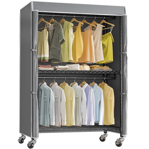 VIPEK R2C Plus Rolling Clothes Rack with Cover Portable Closet Heavy duty | Lockable Silent Wheels, Double Hanging Rods, Adjustable Wire Shelving/Side Hooks, Polyester Cover, 650lbs for Home/Dorm - color: Black Rack with Grey Cover, size: R2C Plus