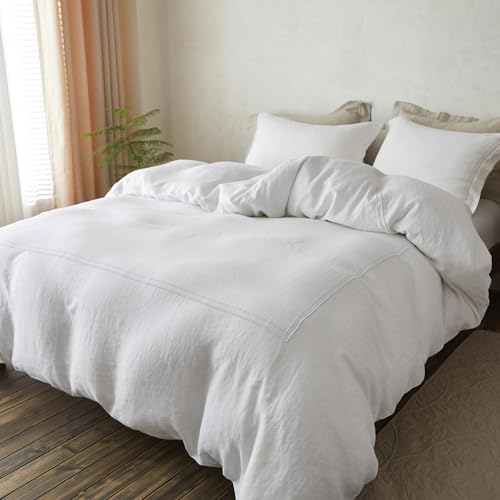 Simple&Opulence 100% Washed Linen Duvet Cover Set 68"x86" - 2 Pieces Soft Farmhouse Comforter Cover Set Double Embroidered with Button Closure - 1 Duvet Cover and 1 Pillowcase (White, Twin) - color: 2 Embroidery White, size: Twin