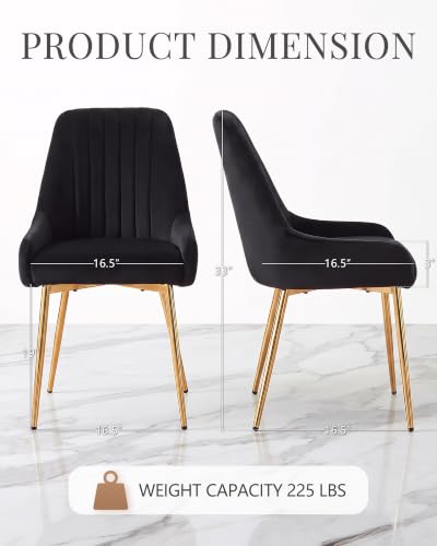 Black Velvet Dining Chairs Set of 2, Modern Kitchen and Vanity Chairs | Modern upholstered vanity chairs with gold metal legs, stain-resistant hand-quilted fabric, high-density foam cushion seat - color: Black, size: Set of 2
