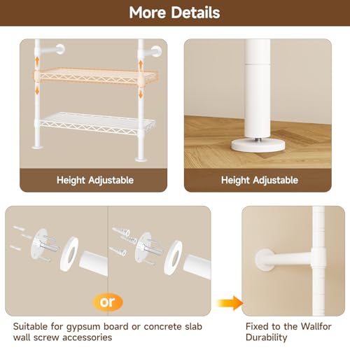 H6 Wall Mounted Closet System, Industrial Pipe Clothes Rack Clothing Racks with 6 Telescopic Rods & 3 Fixing Rods & 9 Shelves, Heavy Duty Closet Organizers and Storage in Wardrobe Closet (White) | Metal Clothing Rack with 6 Telescopic Rods & 3 Fixing Rods