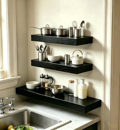 Vervida® Black Floating Wall Shelves Mixed 15+24in Set of 3 Combo Hidden | 3 Black Floating Shelves Mixed 2 x 15In & 1 x 24 Inches for Bedroom, Bathroom Kitchen, Invisible Brackets Easy Install - color: Black, size: Multi-Size Set