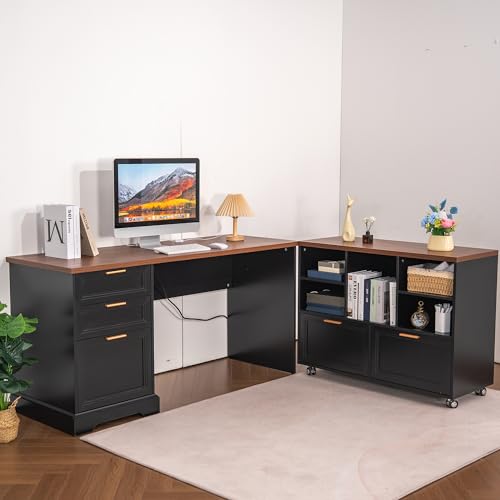 60" Professional Office Desk with 40" Mobile File Cabinet,Business Desk with Charging Station,L Shaped Executive Desk Set for Office Work,Home Study - color: Walnut & Black