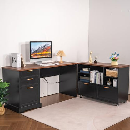 60" Professional Office Desk with 40" Mobile File Cabinet,Business Desk with Charging Station,L Shaped Executive Desk Set for Office Work,Home Study - color: Walnut & Black