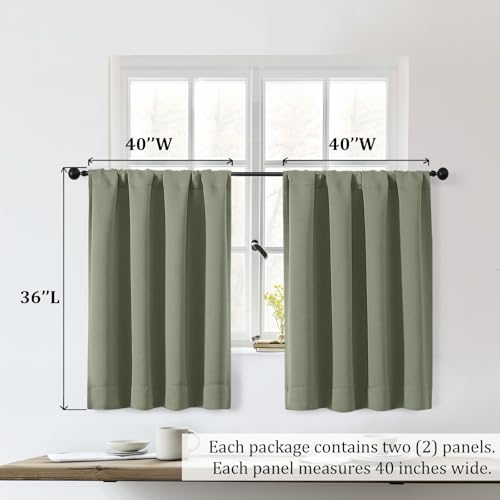 Sally Sage Green Blackout Kitchen Curtains 36 Inch Length 2 Panels Set, Half Small Window Rod Pocket Room Darkening Curtains Tiers for Kitchen Bathroom, 2 Pcs Each W40 x L36 Inch, Sage Green - color: Sage Green, size: 40"W x 36"L (Pack of 2)