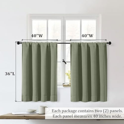 Sally Sage Green Blackout Kitchen Curtains 36 Inch Length 2 Panels Set, Half Small Window Rod Pocket Room Darkening Curtains Tiers for Kitchen Bathroom, 2 Pcs Each W40 x L36 Inch, Sage Green - color: Sage Green, size: 40"W x 36"L (Pack of 2)