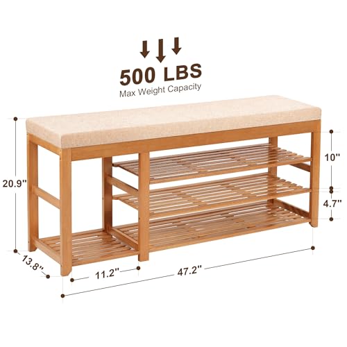 PETKABOO 47.2 in Shoe Rack Bench with Cushion, 3 Tier Bamboo Entryway Bench with Storage for Entryway, Hallway, Bedroom, Living Room - color: Brown, style: 47 in