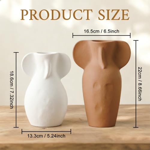 Modern Ceramic Body Vase Set of 2, Two Size Abstract Sculptural Flower Vases for Home Decor, Minimalist Nordic Decorative Vase for Living Room, Bedroom, Table and Shelf Decor- Brown & White - color: Brown & White