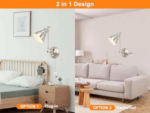 GOODATE 1 Pack Plug in Wall Sconce with Remote Control, Dimming, Adjustable Colors 2700K-6500K, Plug in Wall Light, Swing Arm Wall Lamp with Night Light & Timer, LED Bulb Included, Brushed Nickel - size: Brushed Nickel-1 PACK(Bulb+Remote)